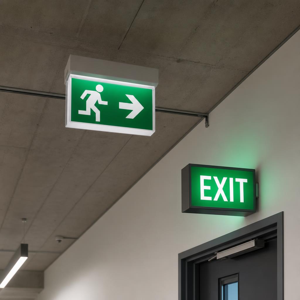 Illuminated green emergency exit light in a commercial corridor